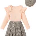 Girls Teen Clothes, Fall Winter Outfits Long Sleeve Ruffle Sleeve Top and Pleated Plaid Mini Skirt Set Size 7-14Y (Pink)