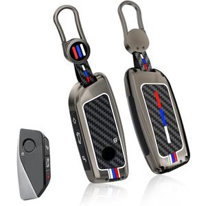 Jaronx Compatible with BMW Key Fob Cover X5 X6 2025/ 2 3 5 7 X1 X7 iX i7 XM 2023-2025, Metal Keys Holder with Carbon Fiber Pattern Silicone Rubber Remote for BMW Accessories(1 Set) (D Model-Grey)