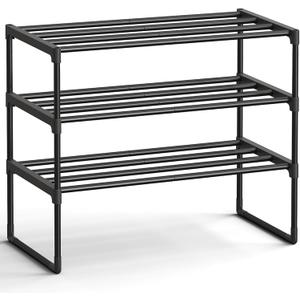 SONGMICS Shoe Rack, 3-Tier Shoe Organizer, Metal Storage Shelf, Upright or Upside Down, for 8-12 Pairs, Stackable, for Entryway, 11.8 x 26.8 x 21.7 Inches, Black ULSA203B01