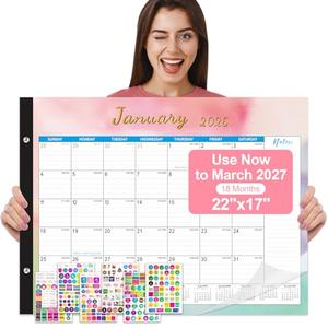 Gannyfer Desk Calendar 2026, 2026 Desk Calendar Large 22"x17", Use Now to March 2027, 18 Month Yearly Desktop Calendar 2026 with Notes, 2026-2027 Calendar for Family, Office, and School(6 Stickers)
