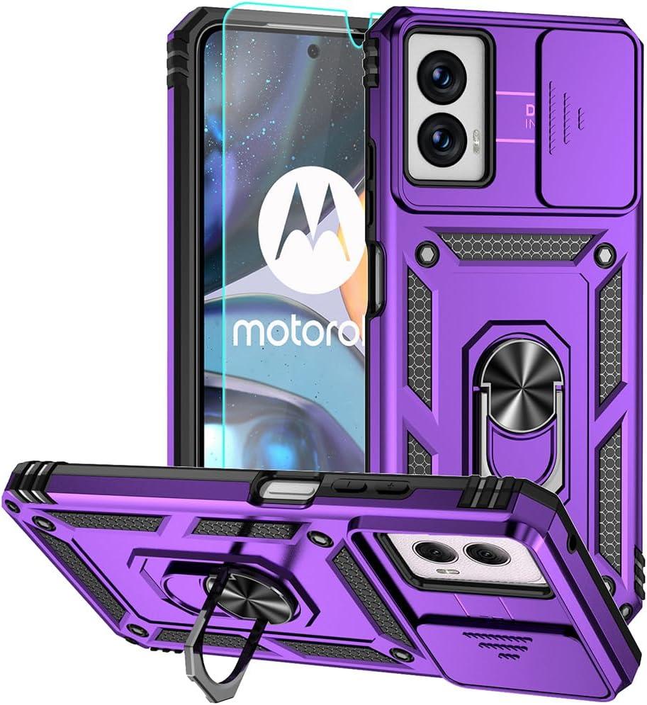 for Moto G 5G 2024 Case, Moto G Play 5G 2024 Case, Soft Silicone Rubber Bumper Hard Plastic Phone Case with Sliding Camera Lens Cover+360 Rotatable Kickstand Ring+HD Screen Protector Purple