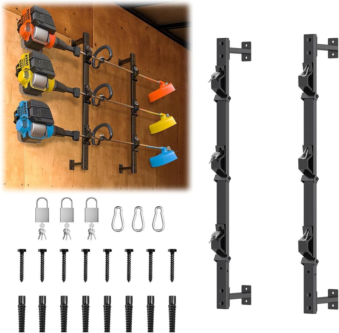 Weed Eater Rack for Enclosed Trailer with Locks, 3 Place Weed eater Rack for Open/Enclosed Trailers Spring Hasp Trimmer Rack 360 Pad Enclosed Trailer Accessories Lawn Care Equipment Cargo Rack