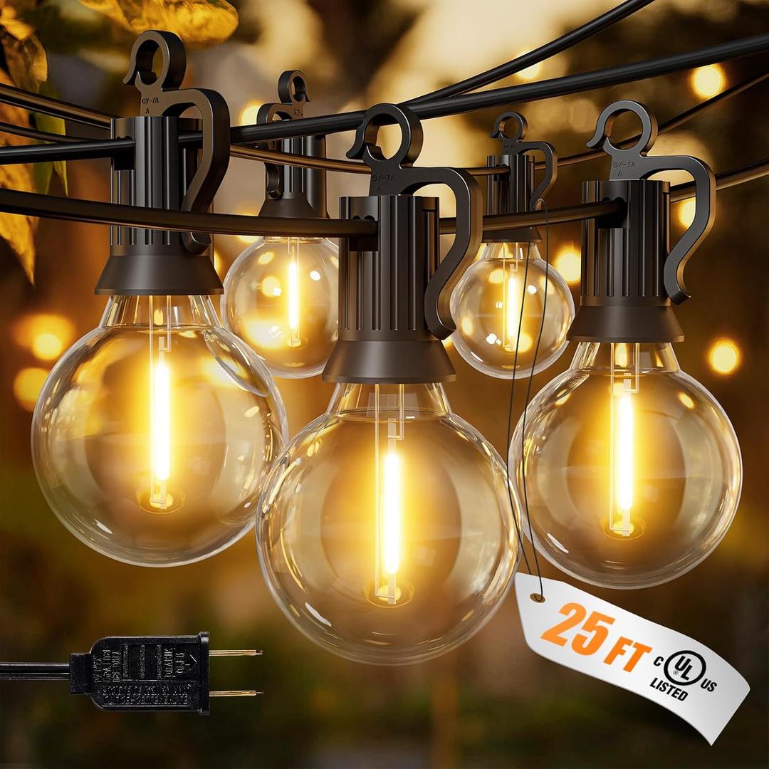 Brightown Outdoor String Lights, 25FT 12 G40 Bulbs Shatterproof Patio Lights, IP65 Waterproof Dimmable Hanging Connectable Globe LED Outdoor Lights for Backyard, Bistro, Porch, Deck, Balcony (Black)