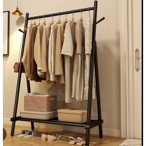 KASLANDI Solid Wood Clothes Rack, Clothing Rack with Shelf and Hook, Sturdy and Portable, Garment Rack for Hanging Clothes,Coats,Skirts,Shoes,Bags,Easy to Assemble (Black)