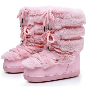 Furry Faux Fur Boots for Women - Fuzzy Boots for Women Winter Snow Boots - Fluffy Black White Pink Fur Boots- Lace-up Mid-Calf Water-Resistant Platform Boots, 6-7