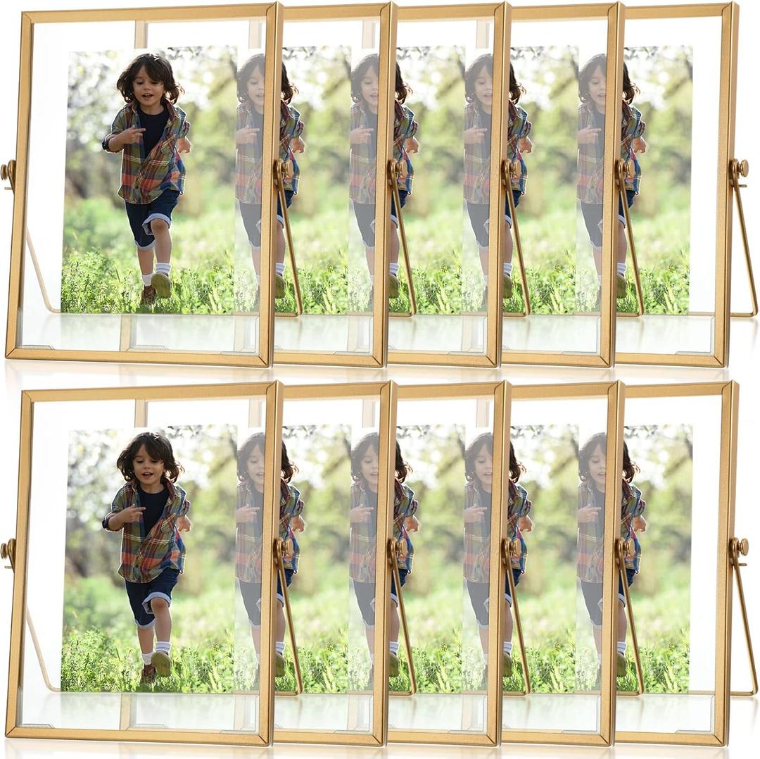Treela 10 Set Gold Frames 6x8 Inch for Picture Sizes 4x6, Metal Glass Vintage Brass Floating Photo Frame Vertical Tabletop Display for Wedding Home Office Desk Decorations(Frame Size 6x8 Inch)