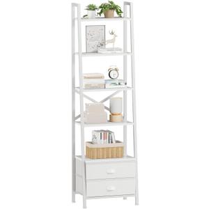 Furologee 5-Tier Ladder Shelf with 2 Drawers,Narrow Bookshelf Storage Shelves,Industrial Bookcase Freestanding Rack Units for Bedroom,Living Room,Bathroom,Home Office,Balcony,Wood Metal, White