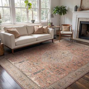 GENIMO Washable Area Rug 8x10, Boho Vintage Rugs for Living Room with Non-Slip Backing, Ultra-Thin Low Pile Soft Superfine Yarn Carpets for Bedroom, Dining Room, Nursery, Terracotta