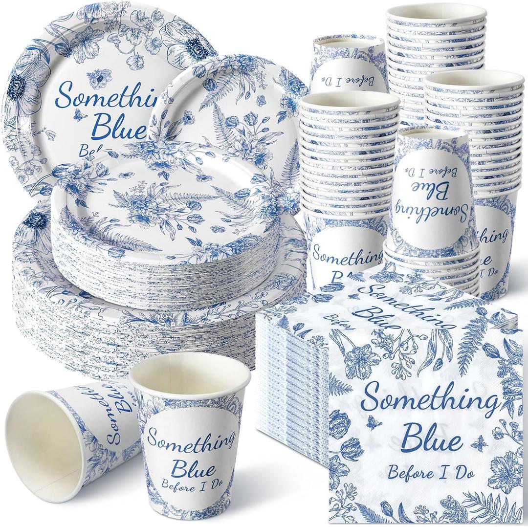 Zhehao 250 Pcs Something Blue Bridal Shower Plates Napkins Sets 50 Pcs 9'' Dinner Plates and 7'' Dessert Plate and 9oz Cups 100 Napkins Serves 50 Party Supplies Bridal Shower Engagement Decoration