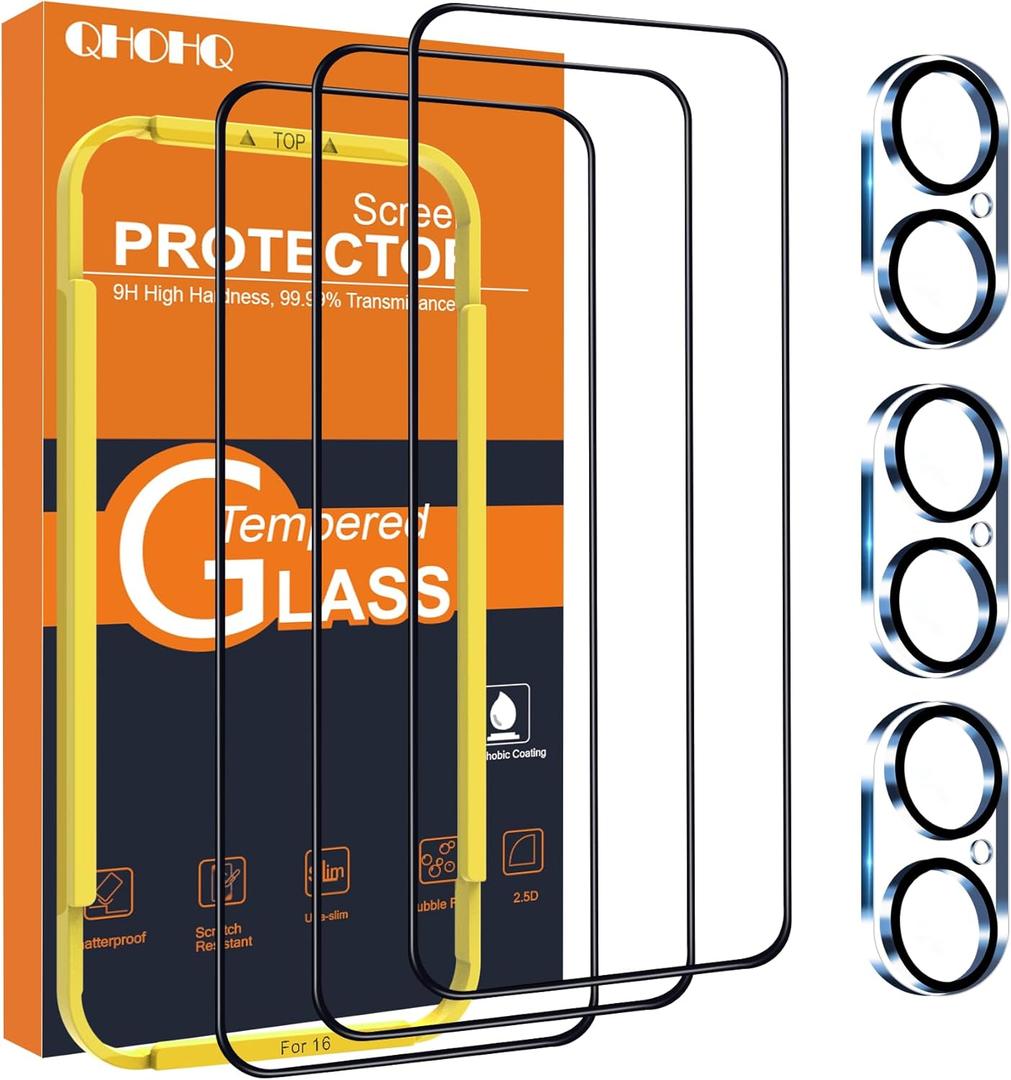 QHOHQ for iPhone 16 Screen Protector with Camera Lens Protector, [Military Grade Shatterproof], Top 9H+ Tempered Glass, Full Edge Coverage, Ultra Durable, with Easy Installation Tool [3+3 Pack]