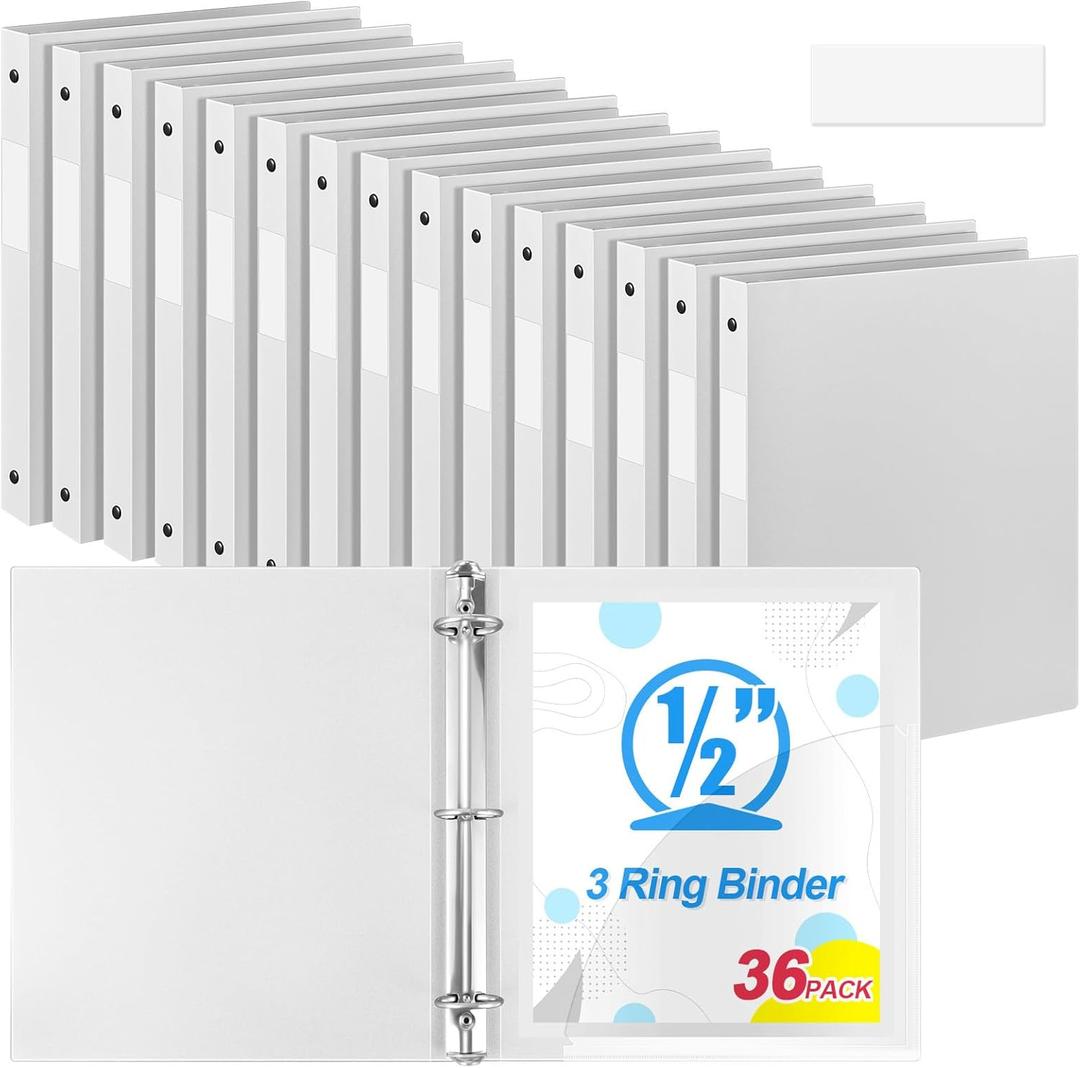 Henoyso 36 Pack 0.5 Inch 3 Ring Binder Round Ring, Bulk 1/2 Inch Binders Hold 140 Sheets with Pocket, Fits Letter Size 8.5" x 11" Paper, Document Organizer for Back to School Classroom Office (White)