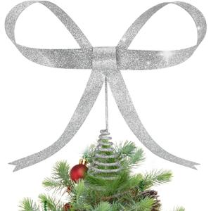 HUTHDAK Large Glitter Silver Bow Christmas Tree Topper,9.4 Inch Metal Tree Topper,Silver Bow Christmas Decorations for Xmas Home Decor Holiday Party Indoor Outdoor Shop Office