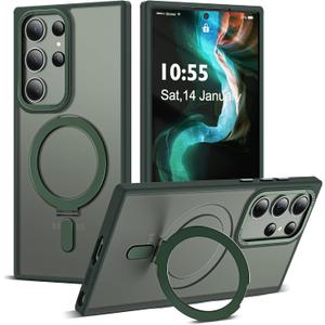 for Samsung Galaxy S24 Ultra Case with Magnetic Invisible Ring Stand, Compatible with MagSafe, Military Drop Protection Translucent Matte S24 Ultra Phone Case for Men and Women, Green