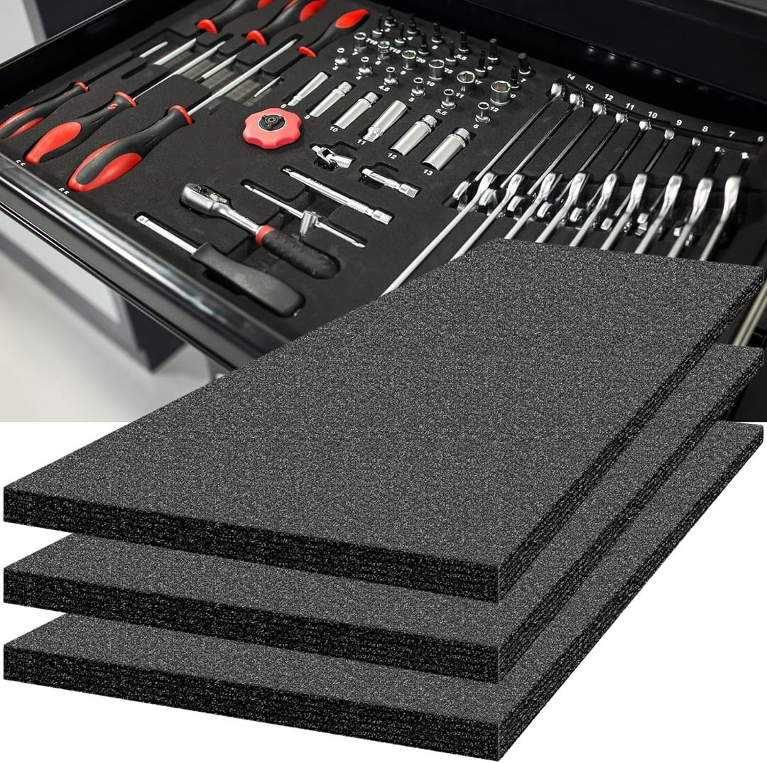 ONREVA Tool Box Foam, 3Pack 48x24x1 inch, Foam Inserts for Cases, Polyethylene Storage Sheets for Toolbox Hard Case, Tool Shadow Insert, Kaizen Organizer Sheet