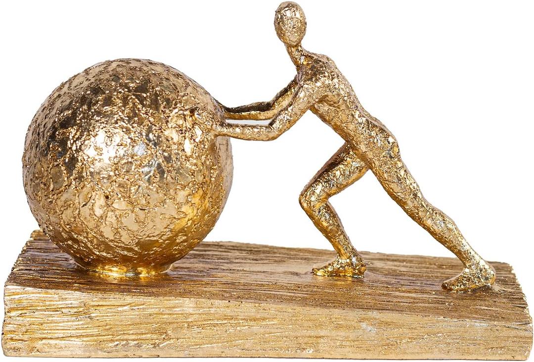 Man with Sphere Iron Statue Metal Sculpture Sportsman Art Metal Ornament Figurine Home and Office Decor Golden