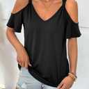 LilyCoco Womens Cold Shoulder Tops Casual Summer Short Sleeve V Neck T Shirts Black Small (Black, S)