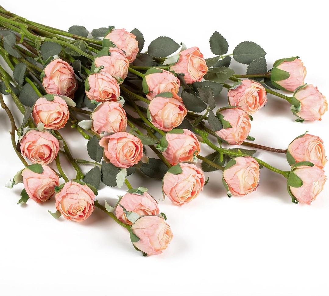 DuHouse 24pcs Artificial Vintage Roses Silk Rose with Stem Fake Rose Bouquets for Arrangement Wedding Centerpiece Party Home Decoration(Gradient Light Pink)