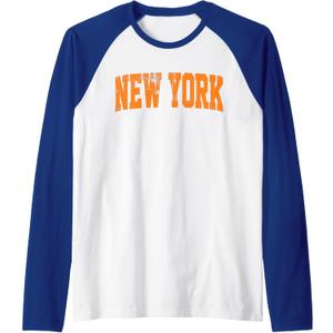 Vintage New York Men NY Blue Orange Women Retro New York Tee Raglan Baseball Tee. L Size, Royal Blue/White