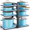 LAMU Pots and Pans Organizer under Cabinet, 8-Tier Heavy Duty Pan Organizers inside Cabinet, Adjustable Pot Rack for Small Kitchen Storage, 15" Height Holds Cast Iron Pans and Skillets Black