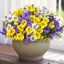 18 Bundles Artificial Flowers for Outdoor, UV Resistant Fake Pansy Flowers, Silk Faux Fowers for Outdoor Planters Home Garden Office Patio Front (Yellow/Purple/White)