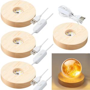 4 Pack Wooden LED Light Display Base with Switch, 3.9 Round Warm Light Stand for Crystal Glass Ball Figurine, USB Powered Lighted Holder for Resin Crafts, Art Decoration