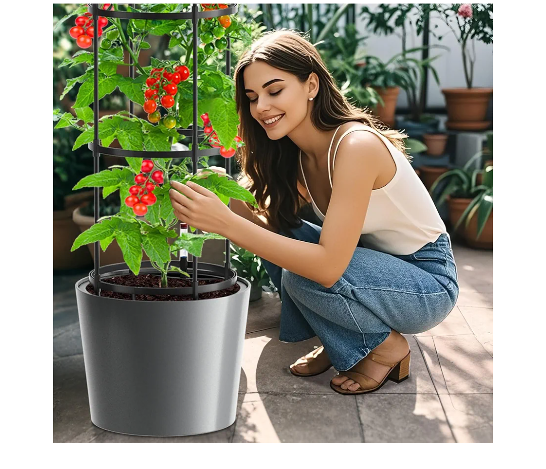 DoCred Self Watering Tomato Planter with Trellis, Large Flower Pot with Water Level Monitor, Round Garden Planters Plant Pots for Outdoor & Indoor Plants Flowers Decor, Gray