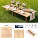 60" x 30" Boho Low Wooden Folding Picnic Table with Table Runner, Portable Boho Picnic Table for Indoor Outdoor Use, Camping, Beach, Garden, Wedding & Party (8 Steak Knives & Forks Included)