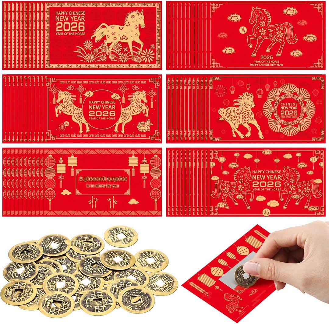 Gueevin 100 Pcs Year of The Horse 2026 Scratch Off Cards Chinese New Year Fortune Cards and 25 Pcs Chinese Coins Set Luck Gifts for Families Reunion Game Spring Festival Party Decorations(Novelty)