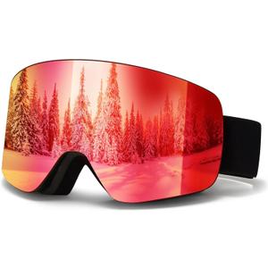 Ski Goggles YH227,Over Glasses Snowboard Goggles,UV 400 Protection Anti Fog Snow Goggles for Adult Men Women Youth (Black Frame-full Revo Red-vlt 16%)