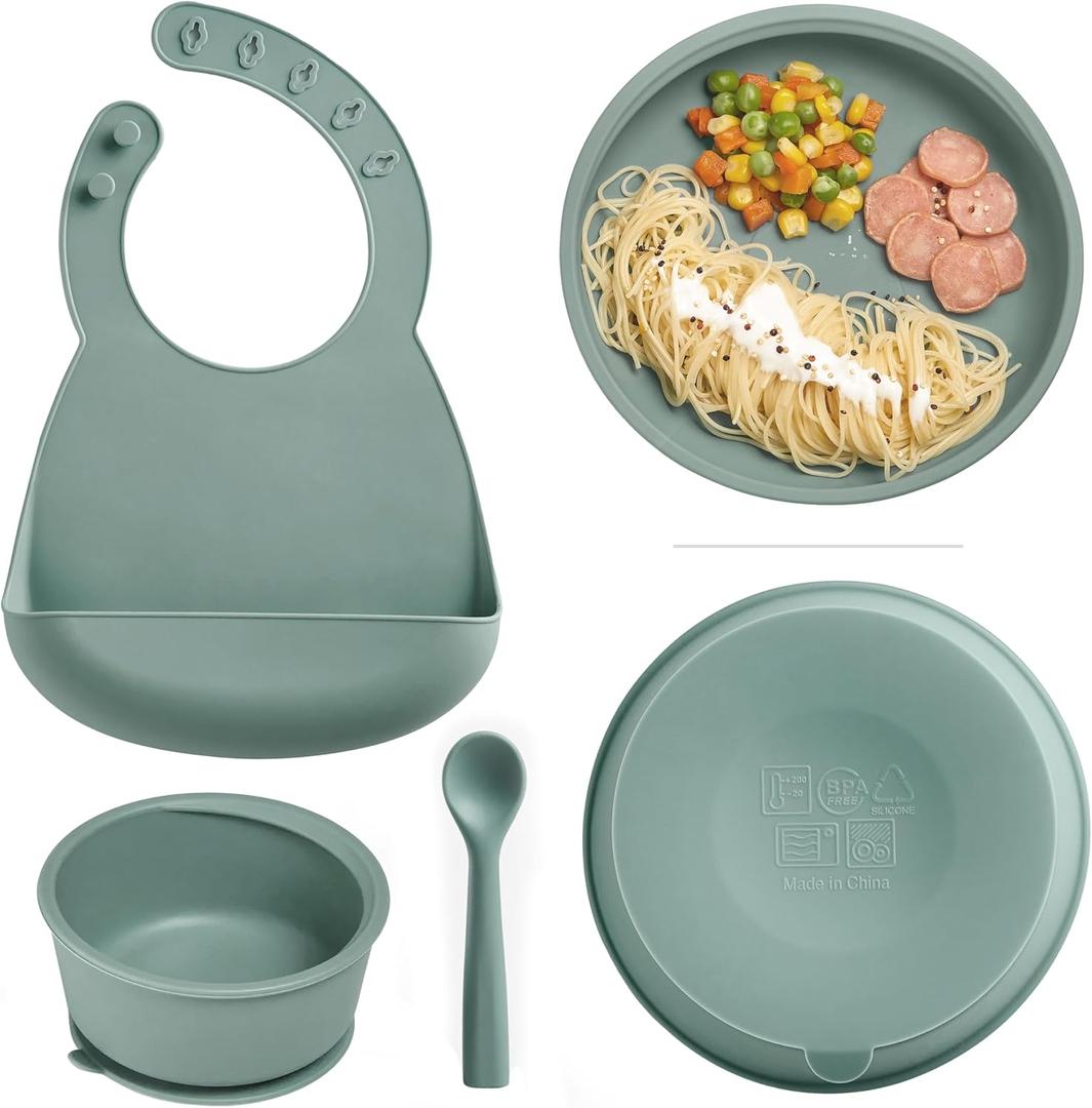 KUB Silicone Baby Feeding Set, Toddler Plates and Bowls Set, Baby Feeding Set with Adjustable Bib Green