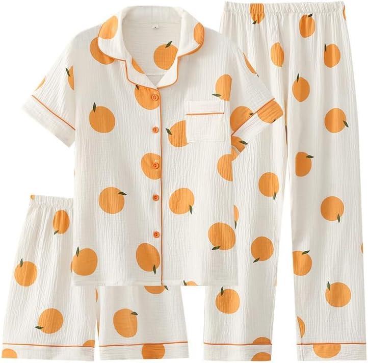 codcm Womens 3pcs Cotton Pajamas Set Short Sleeve Sleepwear Fruit Print Cute Pj Set with Long Pants(White, X-Small)