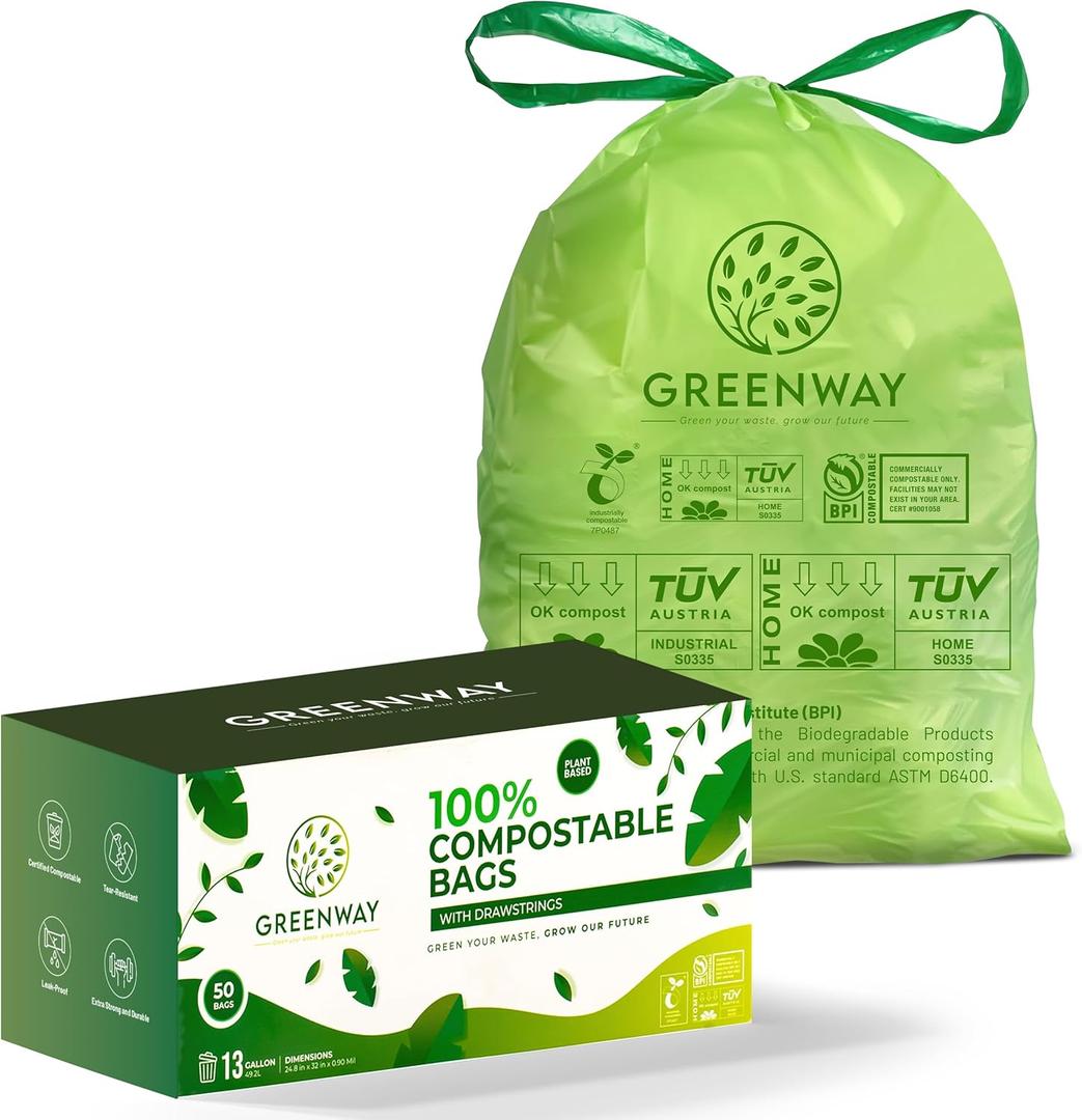 GREENWAY 13 Gallon Compostable Trash Bags Drawstring, 50 Bags, Heavy Duty Extra Thick 0.90 Mil, Tall Kitchen Food Scrap Waste Bags, US BPI and Europe OK Compost Home Certified