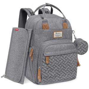 RUVALINO Diaper Bag Backpack, Multifunction Travel Pack Maternity Baby Changing Bags, Large Capacity, Waterproof, Gray (Stylish_light Gray)