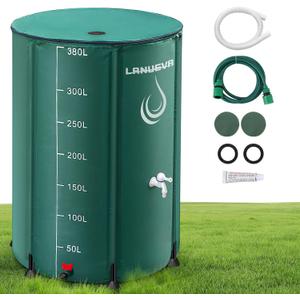 LANUEVA 100 Gallon Collapsible Rain Barrel, Rainwater Collection System with 2 Spigots, Overflow Kit and 2 Hoses, Portable Water Storage Tank with Scale Mark for Garden Plant Watering, Farm Irrigation
