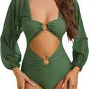 Women's Cut Out Ring Plunge Neck Shirred Bikini, 1 Piece Long Sleeves Mesh Tummy Control Swimsuit Bathing Suit (Army Green) XL