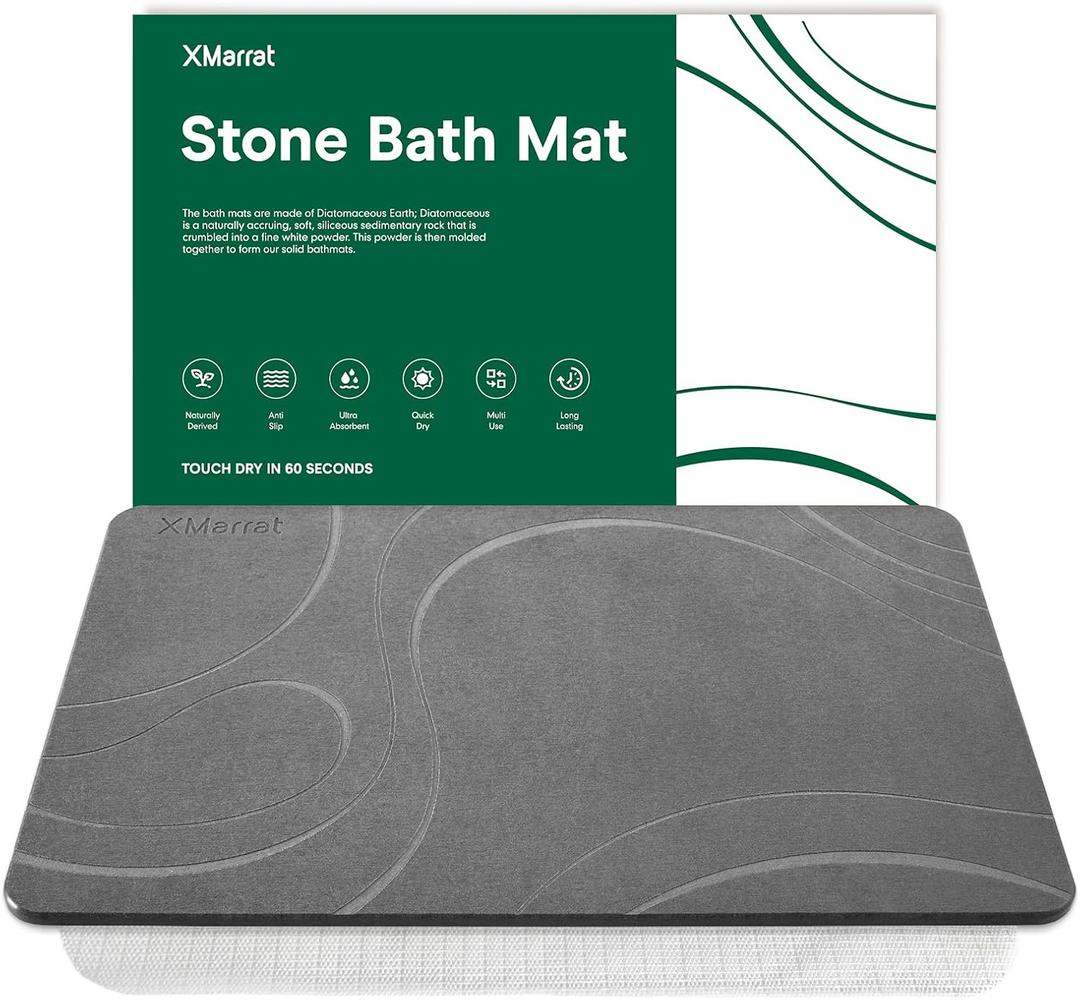 XMarrat Stone Bath Mat, Diatomaceous Earth Bath Mat, Super Absorbent Quick Drying Stone Bath Mats for Bathroom, Non-Slip Bath Stone Mat, Natural Stone Shower Mat, Easy to Clean(23.6 x 15.4 Dark Grey)