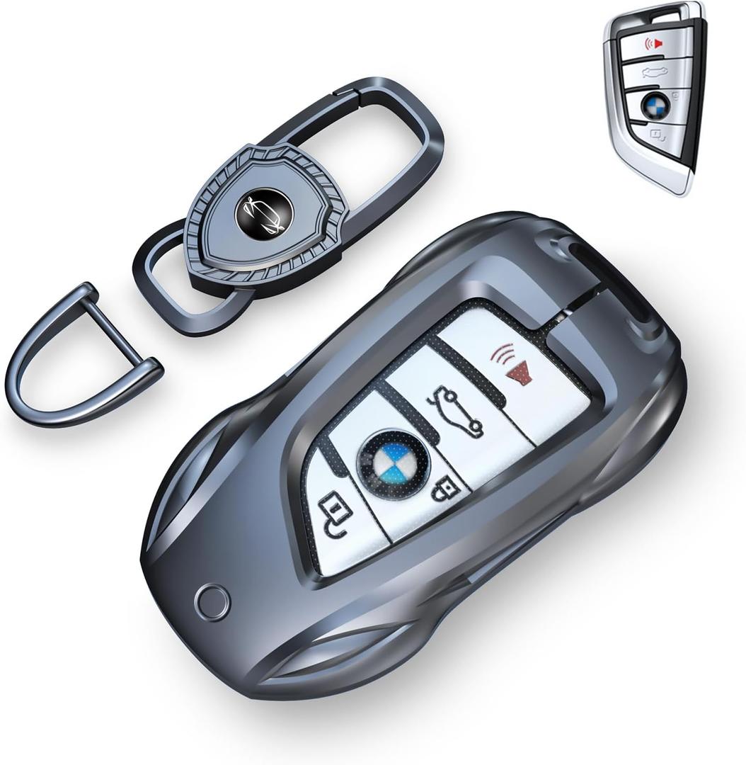 Key Fob Cover with Keychain for BMW, Metal Zinc Alloy Armor Case, 3s Install to Supercar Key, Compatible with X1 X3 X4 X5 X6 1 2 3 4 5 6 7 Series (Classic Blackfor BMW-B)