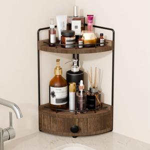 2-Tier Corner Bathroom Countertop Organizer with Drawer, Wooden Vanity Organizers for Makeup and Skincare Storage, Corner Counter Shelf with Embedded Screw Holes, Dark Brown