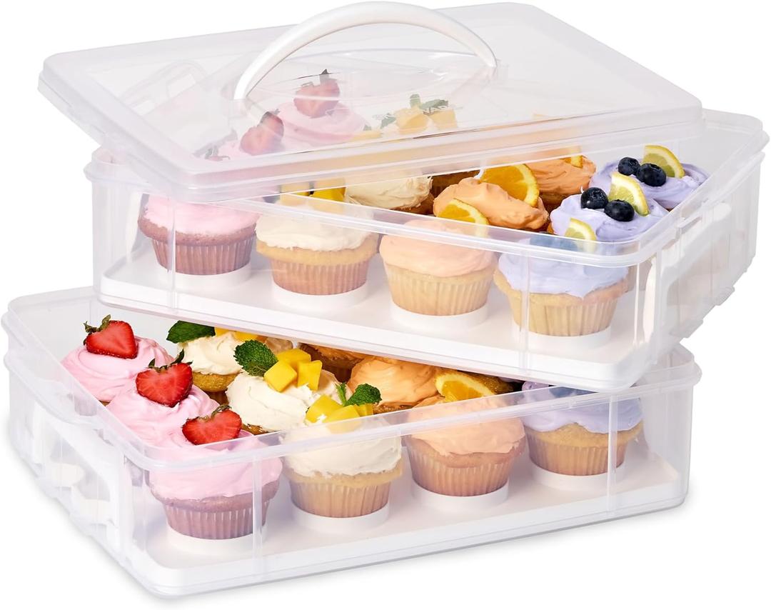 Snapware (2-Layer, 24 Cupcakes Plastic Detachable Cupcake Carrier Storage Container With Lid and Handle, Freezer Dishwasher Microwave Safe 14.25" L x 10.5" W, Carrier