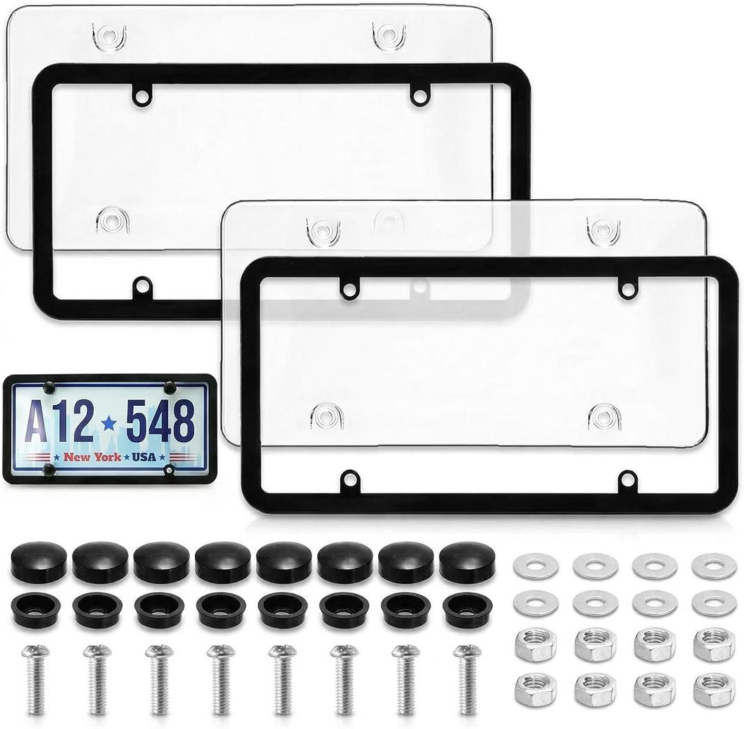 Nicunom 2 Pack Clear License Plate Covers and Frames Combo, License Plate Frame with Protector, Universal Car License Plate Shield Holder for Standard US Plates with Screws Caps