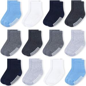 JAKIDAR 12 Pack Baby Toddler Socks Non Slip Grip Cotton Crew Socks for Boys Girls Infants Kids 4-7 M