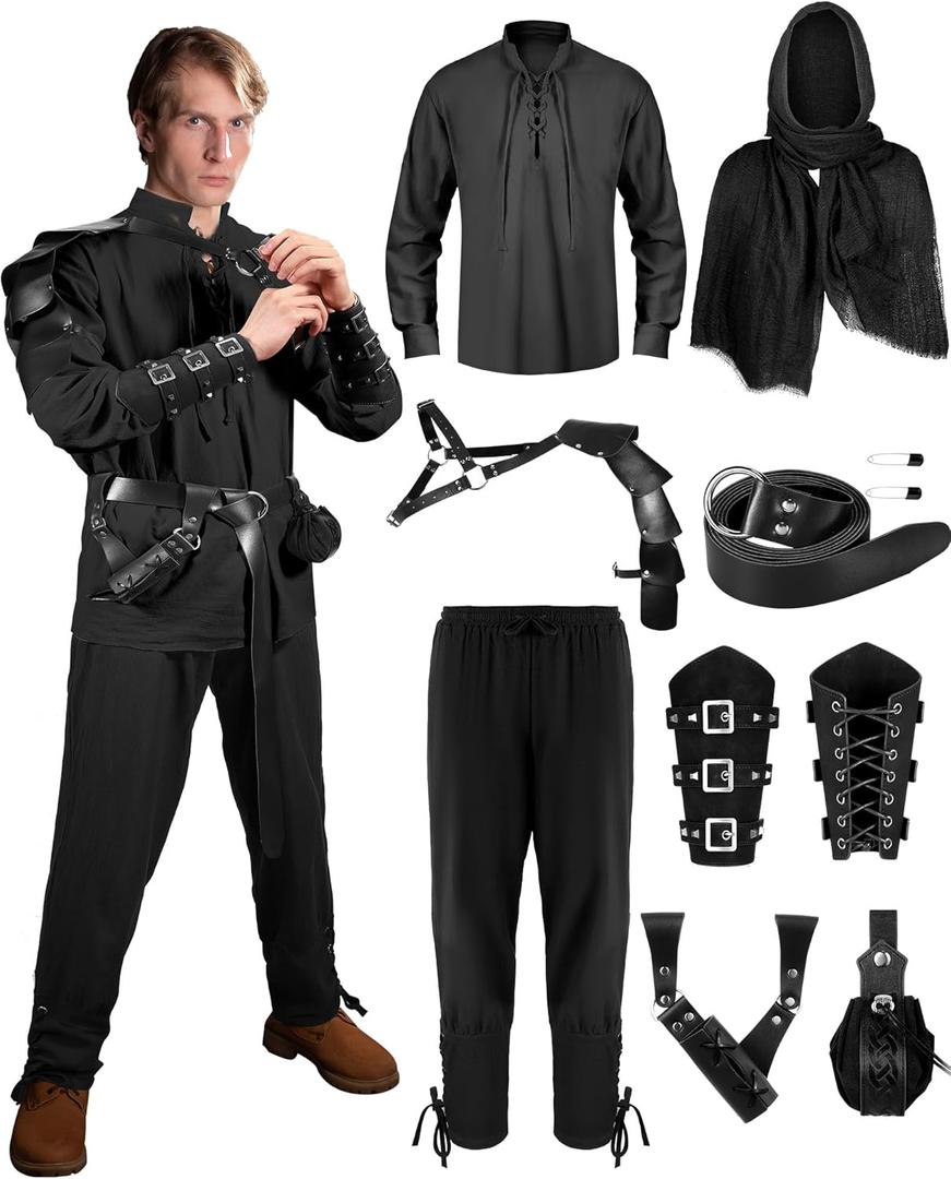 Panitay 8 Pcs Men's Renaissance Costume Set Halloween Medieval Viking Shirt Pant Belt Cape Bracer Sword Bag (Black), S Panitay 8 Pcs Men's Renaissance Costume Set Halloween Medieval Viking Shirt Pant Belt Cape Bracer Sword Bag (Black), S