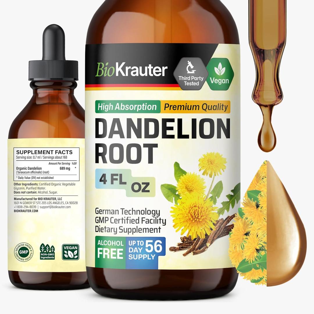 BIO KRAUTER Dandelion Root Extract - Liquid Pure Vegan Dandelion Root Supplement 689 mg per Serving 4 Fl.Oz 56-Day Supply - Used for Liver & Kidney Support, Cleanse & Detox - Alcohol & Sugar Free, Exp: 10/2027