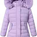 Girls Long Puffer Winter Coat Kid's Removable Hood Parka Jacket | Waterproof Polyester Outer, Soft Fleece Lined, Adjustable Cuffs, Lightweight Warm Jacket for Daily Outdoor Activities (Purple) Size 9-10