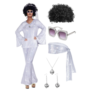 Jexine Halloween 70s Women Disco Outfit Costume Set Disco Party Top Pants Sunglasses Ball Necklace Earring Wig M