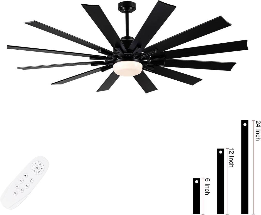 72 Inch Large Ceiling Fan with Light,12 Blades Reversible DC Ceiling Fan,6 Speeds Remote ControlDimmable 3 Color Temperatures LEDModern Black Ceiling Fans For Indoor or Covered Outdoor Use.
