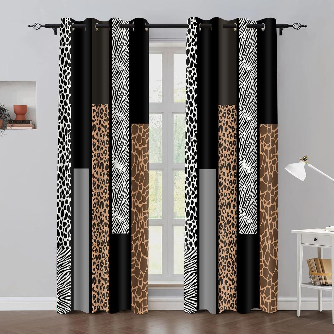 Wild Animals Print Curtain, Leopard Print Cow Cheetah Zebra Giraffe Fur Abstract Safari Theme Blackout Curtains, Rustic Black White Gray Window Drapes for Living Room Bedroom Kitchen 42x84in, Brown Black Gray
