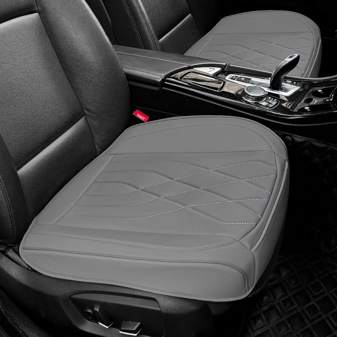 2 Pack Leather Front Car Seat Cover, Anti-Slip and Full Wrap Driver Car Seat Protectors with Storage Pocket, Luxury Waterproof Bottom Auto Seat Cushion Pad Mat for Most Vehicles (Gray)