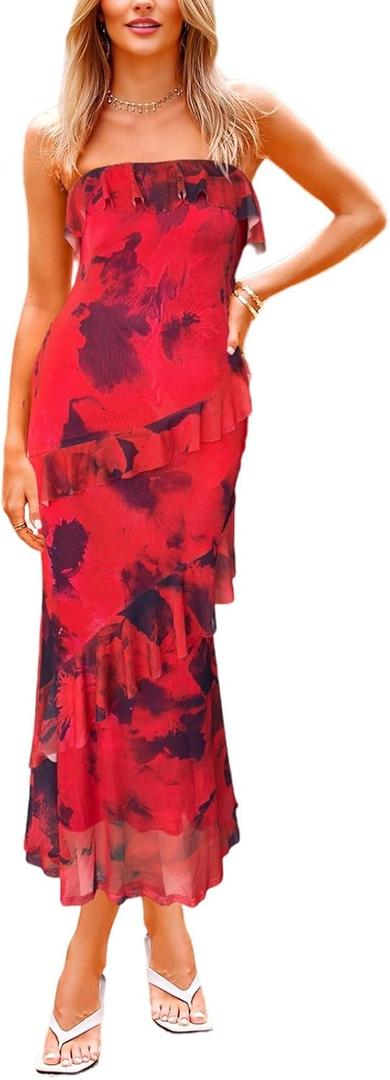 Womens Strapless Tube Maxi Dress Summer Sleeveless Mesh Ruffle Cocktail Party Long Dresses (XL)