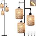 QIYIZM Floor Lamp for Living Room,Bedroom,3-Lights Boho Rattan Tree Floor Lights,Industrial Black Farmhouse Standing Lamp Wicker Rustic Tall Lamp,Woven Bamboo LampShade Floor Lamps Bohemian